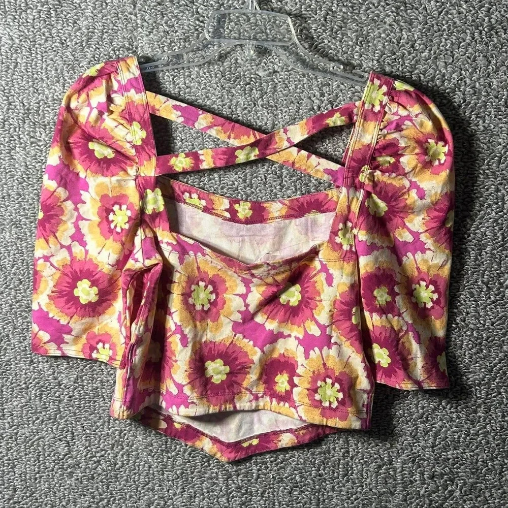 Free People Floral Crop‎ Top Pink Yellow Cross Back Puff Sleeve Womens Large